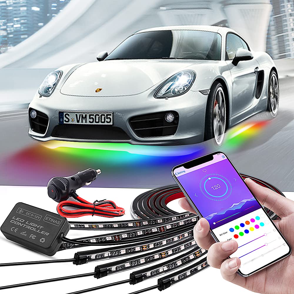 Car Underglow Lights, Bluetooth Dream Color Chasing Strip Lights Kit, 6 Pcs Waterproof Exterior Car Lights With App Control, 12V